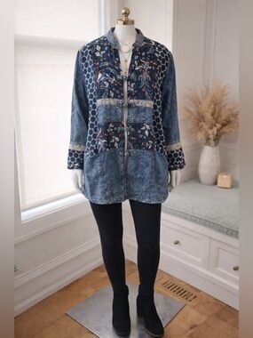 La Blend Patchwork light denim jacket Boho Mixed print with toggle buttons, XL